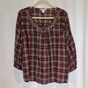 Sundance Beaded Scoop Neck Pop Over Plaid Blouse Size XL